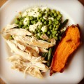 Roast chicken, baked sweet potato, peas with mint and feta, green beans