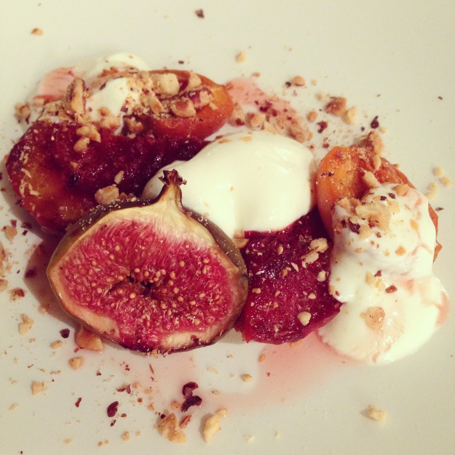 Course 5: roasted apricot, peach and fig with yogurt, honey and toasted hazelnuts